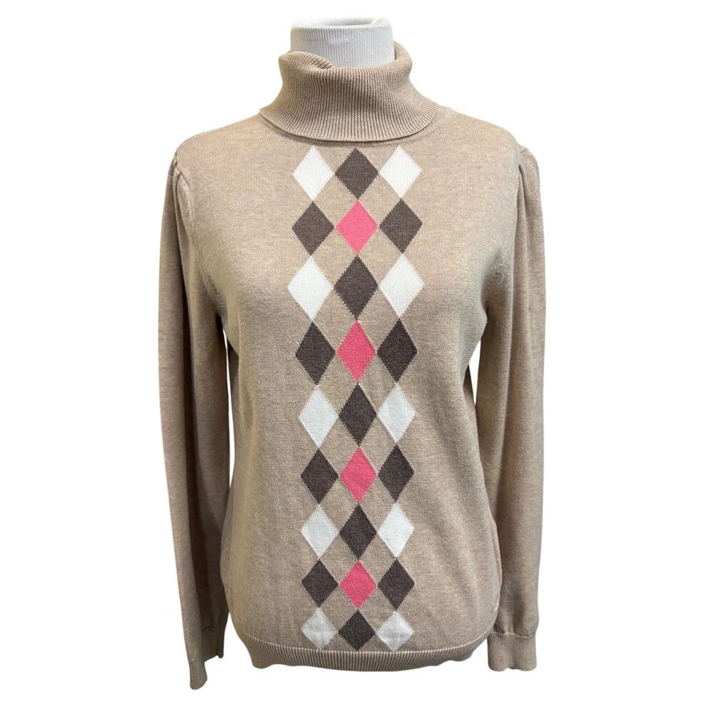 Izod Fold Over Turtleneck Sweater Cotton Tan Diamond Argyle Women's size M